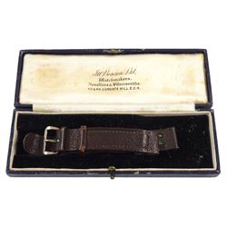 J.W. Benson gentleman's 9ct gold manual wind rectangular wristwatch, silvered dial with subsidiary seconds dial, Edinburgh 1938, with tan leather strap, in original case