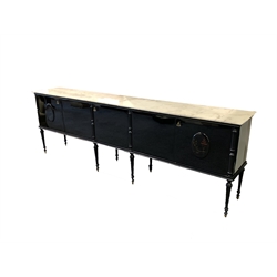 Mid century Italian ebonised sideboard, white Carrera marble top over central cupboard enclosing four drawers, flanked by two double cupboards, the outermost doors with Chinoiseries decoration, raised on turned fluted supports 