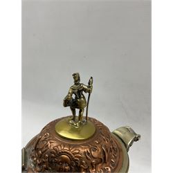 Victorian Renaissance style pedestal ewer by John Grinsell & Sons, the domed cover with foot soldier finial, scroll handle, mask spout and embossed body with figural panels titled 'Nolvi', 'Solertia' and 'Patientia' H28cm 