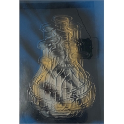 Modern textured print of a vase on a blue background, inscribed on the reverse, 49cm x 34cm 