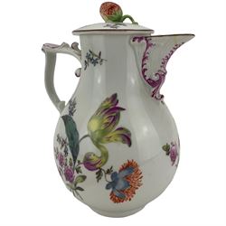 18th century Meissen hot water pot and cover, with strawberry finial and painted throughout with botanical studies and floral sprigs, with puce painted scroll moulded handle and spout, blue crossed swords mark beneath, H16cm. Provenance: From the Estate of the late Dowager Lady St Oswald