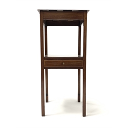 Edwardian mahogany washstand, square moulded top with inlaid satinwood banding, undertier fitted with drawer, square tapering supports, 40cm x 40cm, H85cm