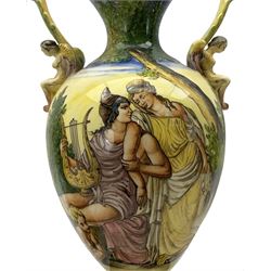 Pair Italian urn form lamps depicting Iliadic scene of Helen of Troy with Paris, each titled 'Paride E Elena', on pierced brass shaped bases, with shades, H63cm (excluding shades)