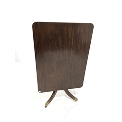 19th century mahogany tilt top breakfast table, the top with reeded edge over ring turned column and raised on reeded triple splay supports, 120cm x 85cm, H73cm