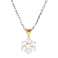 18ct white and yellow gold seven stone round brilliant cut diamond, daisy cluster pendant, on an 18ct white gold chain necklace, hallmarked, total diamond weight approx 3.00 carat

