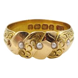 Victorian 18ct gold seed pearl ring with engraved scroll decoration, maker's mark E.V, Birmingham 1890