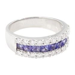 18ct white gold three row square cut tanzanite and round brilliant cut diamond half eternity ring, total diamond weight approx 0.70 carat, total tanzanite weight approx 0.95 carat