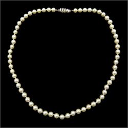 Single strand cultured pearl necklace, with 9ct white gold clasp by Mikimoto, boxed