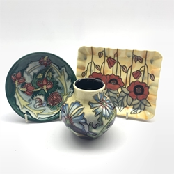  Moorcroft Chicory pattern vase by Philip Gibson H8.5cm, Leicester pattern pin dish or coaster D12cm and an Old Tupton Ware pin dish (3)  