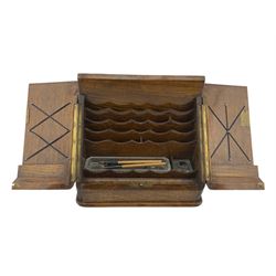 Edwardian oak slope front correspondence box with two hinged doors and fitted interior, W31cm x H26cm
