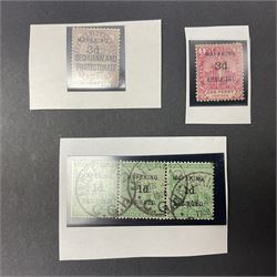 Queen Victoria 'Maefeking 3d Bechuanaland Protectorate Besieged' overprint on Great British one penny lilac stamp, 'Maefeking 3d Besieged' overprint on Cape of Good Hope one penny stamp, both mint previously mounted and a used strip of three 'Mafeking 1d Besieged' overprint on Cape of Good Hope half penny
