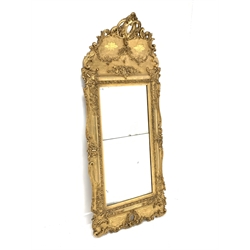  Late 19th century upright wall mirror with ornate leaf moulded gilt frame and two mirrored plates, 73cm x 166cm  