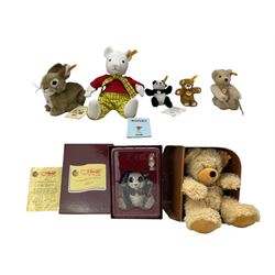 Group of Steiff teddy bears, comprising, Rupert Classic 017018, Petsy 029523, Rabbit 077708,  Past Time Teddy Bear with suitcase 663444, Cosy Friends keyring, Panda keyring and 1951 Panda & 1911 Dutch Rabbit pewter miniatures, boxed
