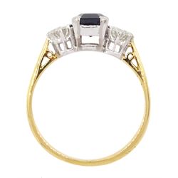 18ct gold three stone emerald cut sapphire and round brilliant cut diamond ring, stamped, total diamond weight approx 0.40 carat
