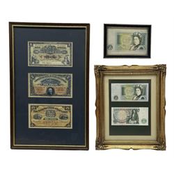 Three framed Scottish one pound notes, two framed Bank of England one pound notes and another similar framed one pound note