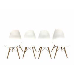 Set of six Eames style dining chairs with turned supports 