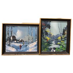 George Richard Deakins (British 1911-1982): Winter Landscape and Jungle Scene, pair acrylics on board signed, labelled verso 30cm x 24cm (2)