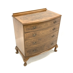 Queen Anne style burr walnut bow fronted chest,  fitted with four graduated drawers, raised on shell carved cabriole supports, W84cm, H90cm, D47cm