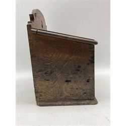 19th century oak wall mounting salt box, with sloping hinged lid and shaped cresting, the front inscribed 'Letter Box', H26.5cm x W27cm