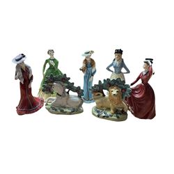 Collection of porcelain figures including Coalport Ladies of Fashion Thoughts, three bu Francesca Art China, etc (7)