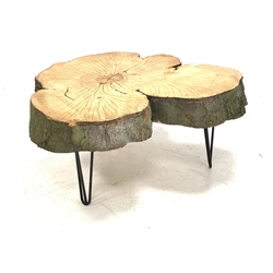 Naturalistic live edge coffee table, the beech top raised on hairpin supports 