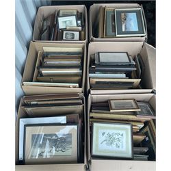 Six boxes of assorted pictures to include original watercolours and oils, prints, engravings and etchings 