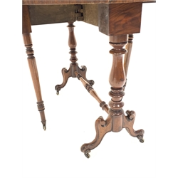 Victorian walnut drop leaf oval table, raised on four scroll carved splayed supports united by turned stretcher