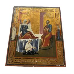 The Nativity of the Mother of God (Theotokos): Early 20th century Icon depicting Saint Anne reclining in bed watching the Virigin Mary held by a midwife with Mary's father Joachim standing, tempera on panel 31cm x 27cm