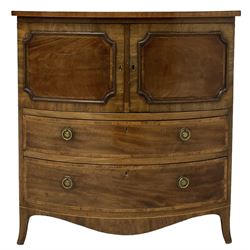 19th century bow fronted mahogany chest with two cupboard doors and two drawers, raised on splayed supports 