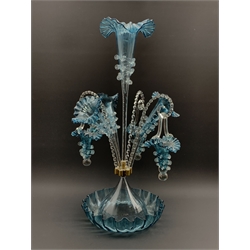 Victorian design blue glass four branch epergne hung with three baskets on a crimped circular base H61cm