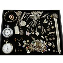 Silver charm bracelet, 14ct gold stone set stick pin, silver and silver stone set jewellery including earrings, necklaces bracelets, mostly stamped or hallmarked and two pocket watches
