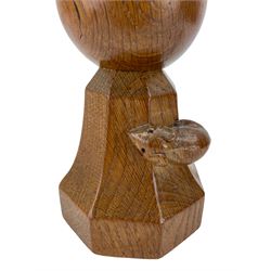 Mouseman - oak table lamp, spherical form on splayed octagonal foot carved with mouse signature, together with shade, by the workshop of Robert Thompson, Kilburn