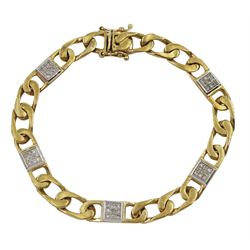 9ct gold link bracelet, four five square panels set with diamond chips in a pave setting, hallmarked