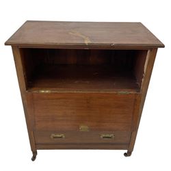 19th century ash campaign secretaire, the fall front cupboard over two drawers, raised on turned supports, terminating in ceramic castors 