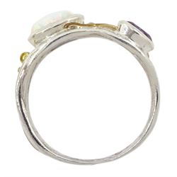 Silver and 14ct gold wire opal and amethyst ring, stamped 925 
