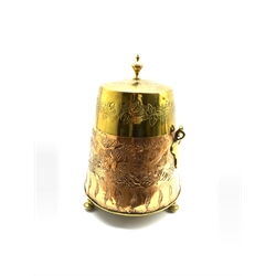 Early 20th century copper and brass coal scuttle and cover, of circular tapering form with swing handle and embossed with pastoral scene amongst scrolling foliage, H