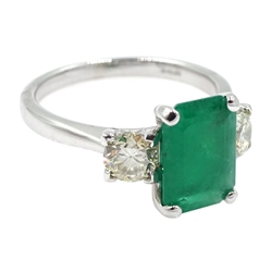 18ct white gold three stone emerald cut emerald and round brilliant cut diamond ring, emerald 1.92 carat, total diamond weight 0.81 carat, with World Gemological Institute certificate