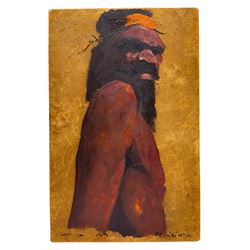 James Egan (Australian 1929-2017): Portrait of an Australian Aboriginal, oil on leather/hide indistinctly signed and titled, labelled verso 49cm x 31cm