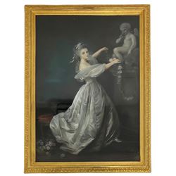 French School (20th century): Elegant Lady with Cupid Statue, pastel on paper signed indistinctly 78cm x 55cm