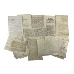 Number of legal documents and other ephemera including 17th century hand written will of Ann Wright 1609, order to detain two suspects accused of trespass in 1812, 18th century Trust document on vellum, letters written to Mr Crosley at Grays Inn etc