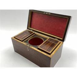  19th Century mahogany tea caddy with boxwood edging, the interior with two rosewood covered containers and bowl recess W31cm  