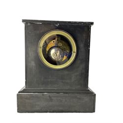 French- mid 19th century 8-day Belgium slate mantle clock, break-front case with variegated marble panels, with a flat top and a deeply incised border to the front resting on a deep plinth, two part enamel dial with a visible Brocot escapement, Roman numerals and steel moon hands, twin train rack striking movement, striking the hours and half hours on a bell. With pendulum.  