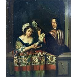 After Caspar Netscher (Dutch 1639-1684): Girl Singing with a Lute Player on a Balcony, 20th century oil on copper unsigned 19cm x 17cm