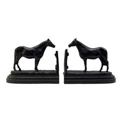 After Christophe Fratin (French, 1801-1864): Pair of contemporary bronze bookends in the form of a Horse stood by a fence, inscribed Fratin, each on stepped marble base, L20cm (2)