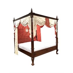 20th Century classical mahogany 5' King size four poster bed, with silk and damask drapes, spiral and leaf carved columns raised on cabriole supports with ball and claw feet, with mattress W210cm, L219cm, H254cm
