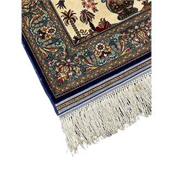 Fine silk Persian mat, the mihrab enclosing floral urn and bird motifs, the guarded border with scrolling design decorated with flower head motifs, with signature panel