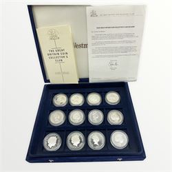 Twelve silver proof Bailiwick of Jersey five pound coins, from the 'Great Britons' silver coin collection, housed in a Westminster case, most with certificates