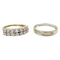 Gold two row illusion set diamond ring and a gold diamond wave design ring, both hallmarked 9ct
