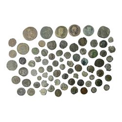 Mixed group of approximately seventy four bronze, copper and copper-alloy coinage, predominately Roman Imperial, to include Hadrian, Aurelian, Diocletian, Constantine the Great, further coins to include Charles I copper farthing 
