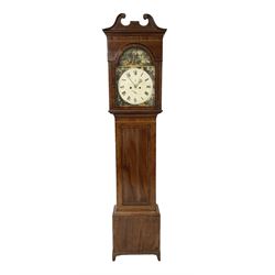 Scottish - 8-day mahogany longcase clock c1860, with a tall west coast hood and swan's neck pediment, break arch door beneath and sound frets to the sides, long flat topped trunk door on a square plinth with bracket feet, painted dial with representations of the four seasons to the spandrels and a depiction of Robert Burns and Highland Mary to the arch, with Roman numerals, minute track , seconds and date dials, unusual cast brass hands in the form of flying birds, dial pinned directly to a rack striking movement, sounding the hours on a bell. With weights and pendulum. Makers name indistinct. 